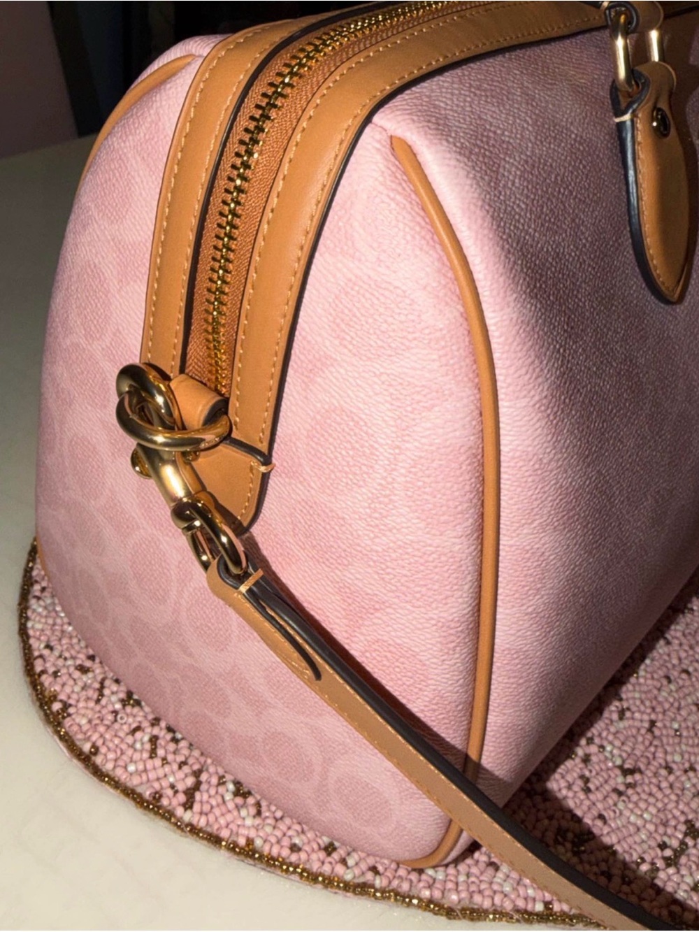 Coach Pink Signature Satchel with Floral Tag and Pearl Accents - Picture 3 of 10